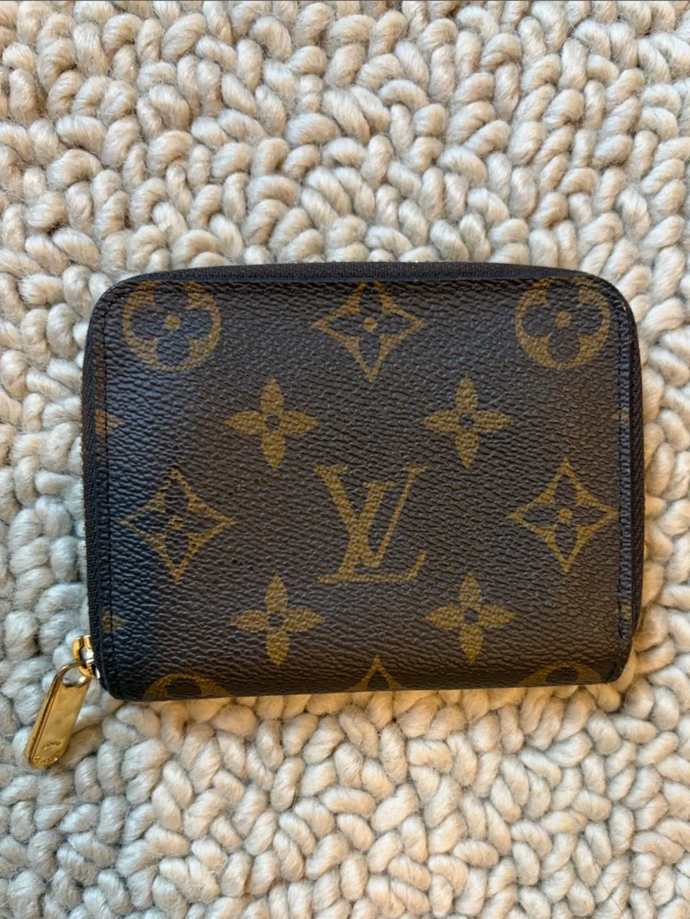Authentic Louis Vuitton Monogram Zip Wallet in Brown and Gold Hardware